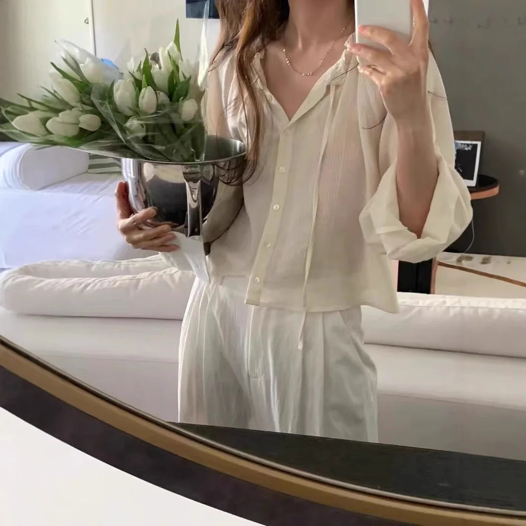 

Dongdaemun Pleated irt Korean Sle Women's Simple Ele Slimming Loose Long Sve Cotton Pure Fabric Summer irt