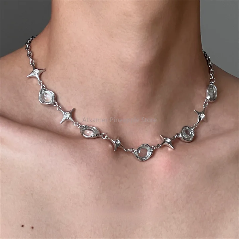 

Hiphop Punk Metal Rivet Necklace for Men Women Gothic Crystal Beads Short Choker Necklace Y2K Charms Jewelry Accessories