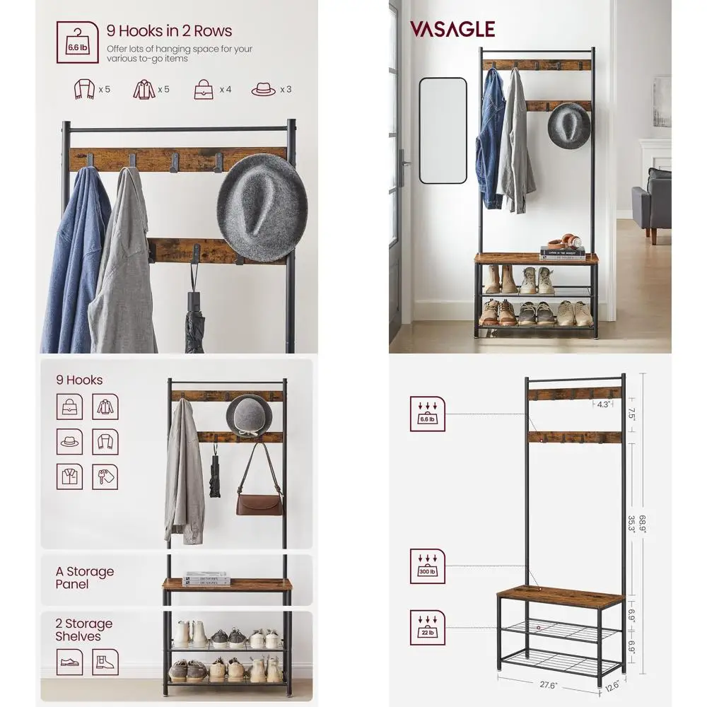 

Стальная скамья-трансформер 3-в-1 для прихожей с местом для обуви и вешалкой для одежды, в деревенском стиле, коричнево-черная, 12.6x27.6x68.9 дюймов