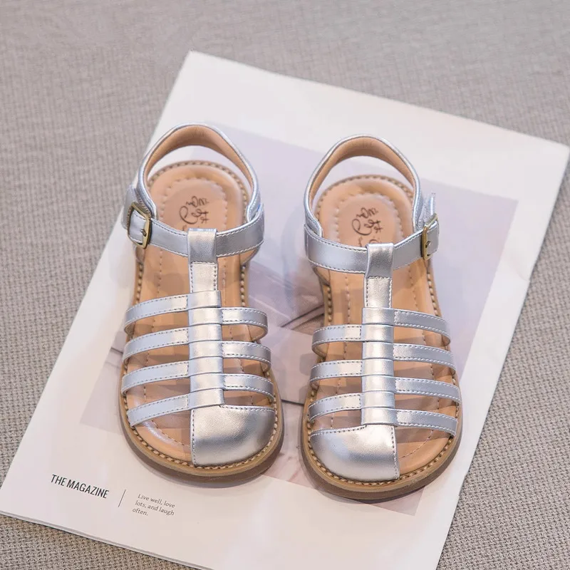 

Round Toe Flat Non-slip Kid's Sandals PU Leather Breathable Summer Hook&Loop Simple Children's Shoes 26-37