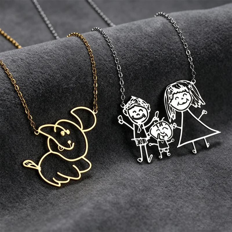 Cute Kid's Drawing Painting Customized Pendant Necklace Stainless Steel Personalized Children Artwork Necklace for Family Gift