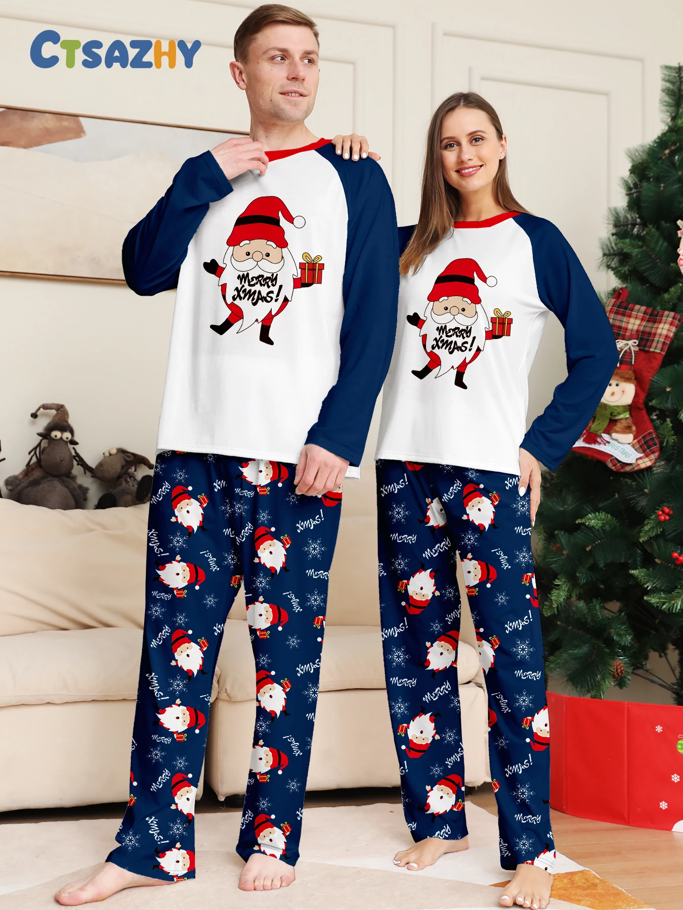 

Merry Christmas Couple Matching Pajamas Raglan Sleeve Santa Claus Print Navy White Sleepwear