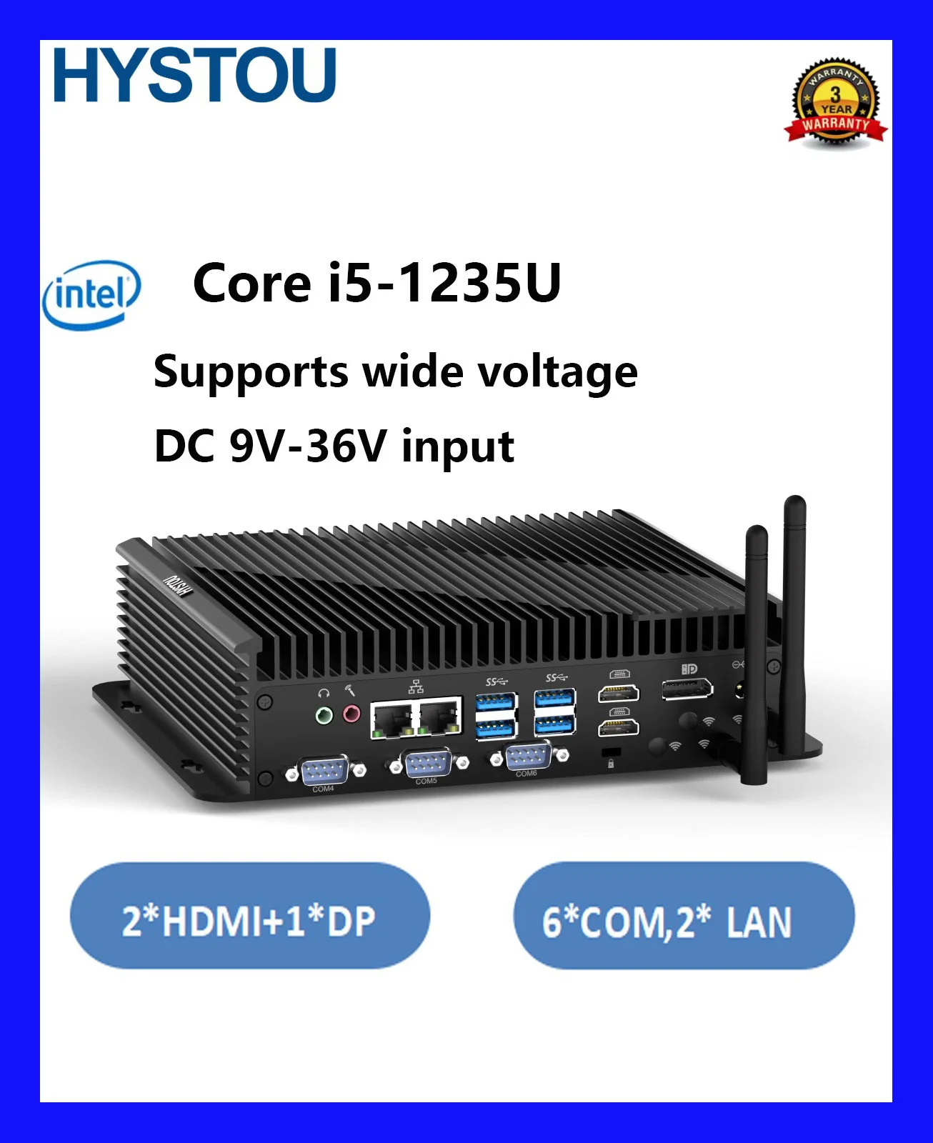 

Компьютер HYSTOU Industrial Box Мини-настольный ПК i5 1235U HD DP Три дисплея 8 USB 2 RJ45 LAN Охлаждающий вентилятор широкого напряжения постоянного тока 9 В-36 В