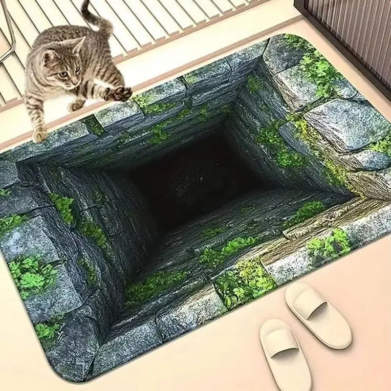 VIKAMA Funny 3D Deep Hole Stone Doormat Moss Rock Cave Illusion Pattern Wear Resistant Floor Mat Indoor Bathroom Apartment Decor