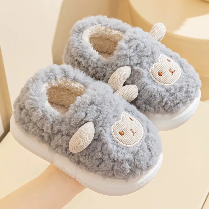 Children's Cotton Slippers Indoor Home Anti-Slip Warm Shoes Cartoon Sheep Fur Slippers Boys Girls Kids Shoes