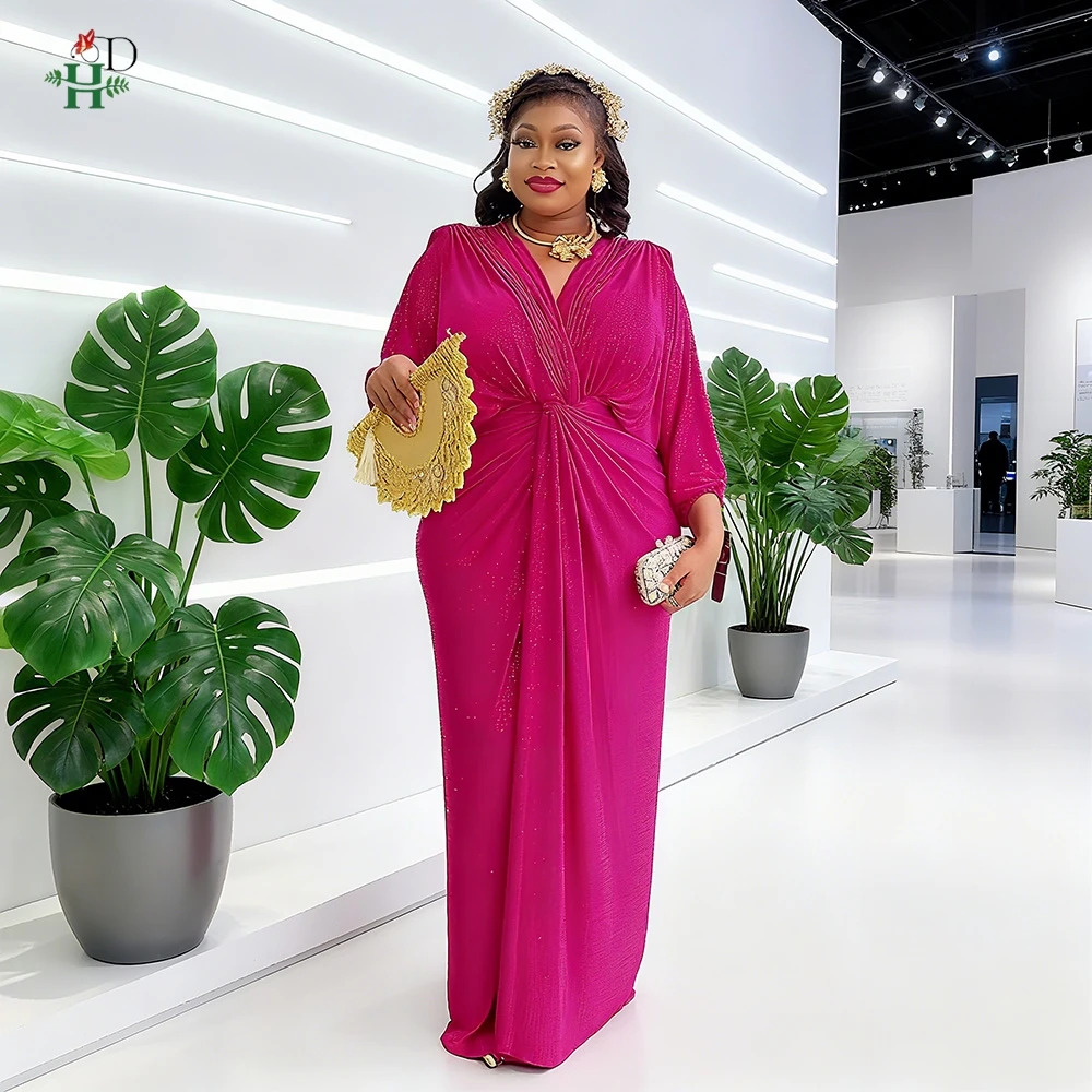 

H&D Plus Size African Women's Maxi Dress V Neck with Front Twist Puff Long Sleeves and Sheer Back Design For Parties Weddings