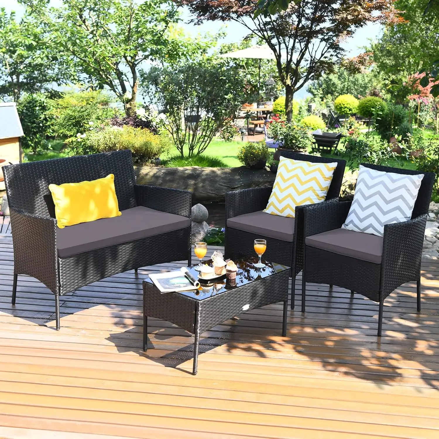 4 Stuks Patio Rotan Conversatieset, Outdoor Rieten Meubelset Met Gehard Glazen Salontafel En Dik Kussen