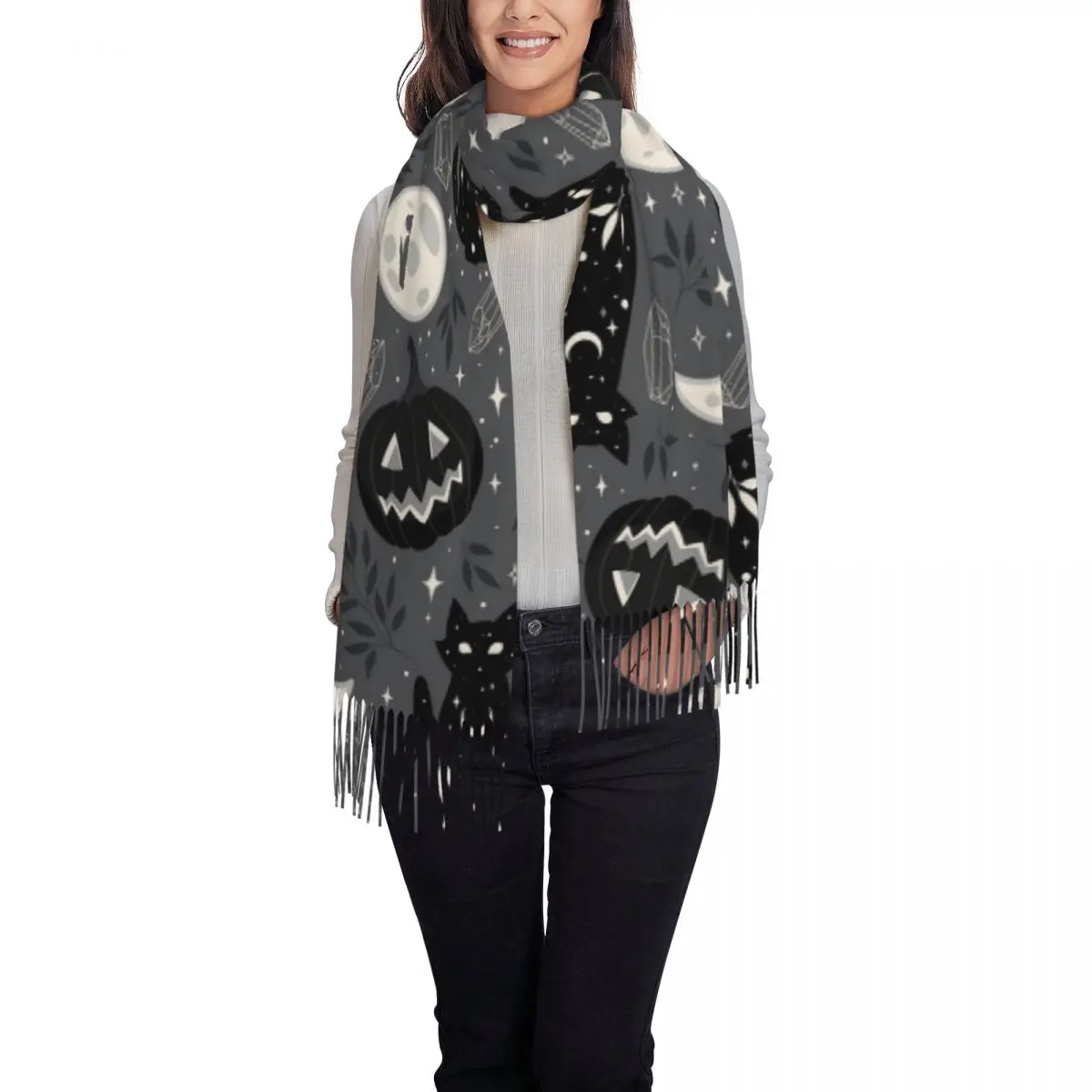 Black Cat Halloween Pumpkin Moon Pattern Scarf Tassel Scarves Women Soft Warm Shawls and Wraps Long Fall Winter Shawl Wrap