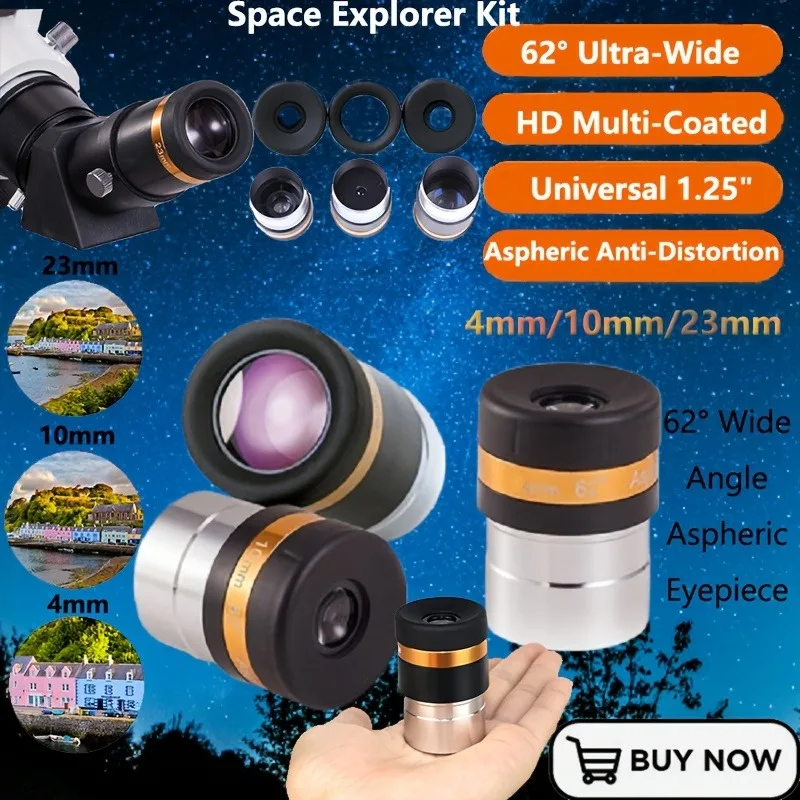 

3 шт./компл. 1,25 дюйма/31,7 мм 62 ° Широкоугольный асферический окуляр 4 мм/10 мм/23 мм, аксессуары для астрономического телескопа для улучшения небесного цвета