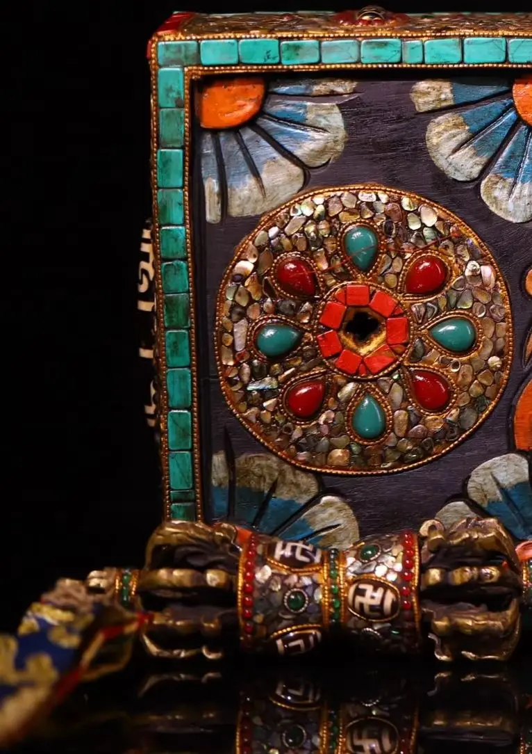 Old Bronze Painted Lucky Eight Treasures Buddha Ringing Bell Vajra Bodhi Root Base Mosaic Gem gZi Beads Turquoise Worship Hall