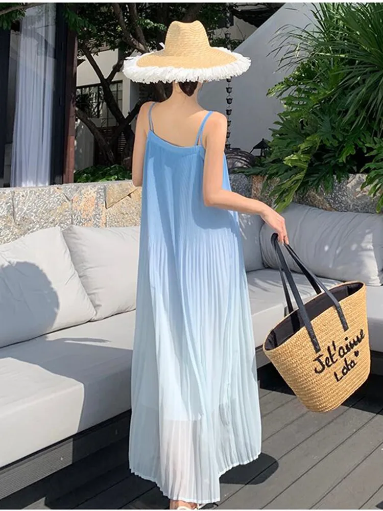 Ofallsis Grandient Blue Color Vacation Beach Dress 2024 Summer New Sweet Fairy Strapless Loose Thailand Bali Photo Long Dresses