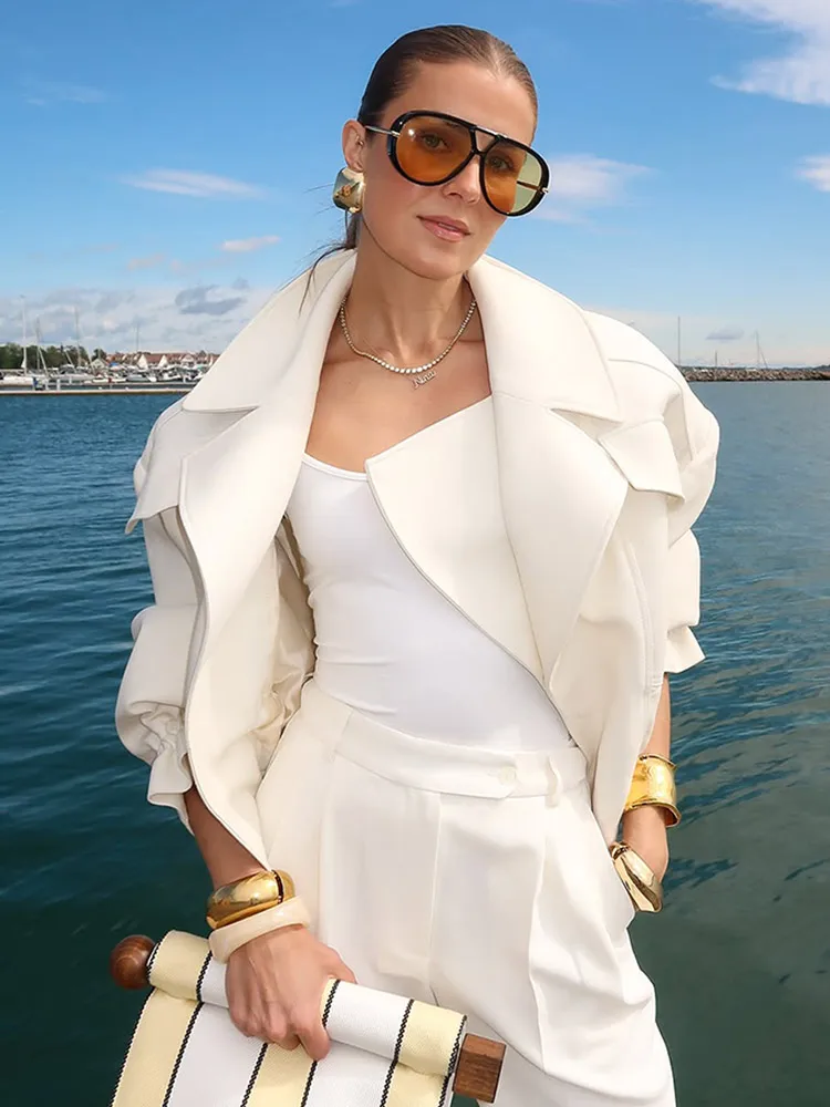 

Women Fashion Solid Short Jackets V-neck Middle Sleeves Pocket Double-breasted Coat 2025 Autumn Daily Commuting Street Outerwear