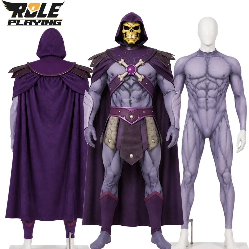 Image of Skeletor Cosplay Kostüm Skelettkönig Verkleidung Overall Umhang Kleidung für Männer Erwachsene Fantasy Cos Halloween Karneval Party Anzug