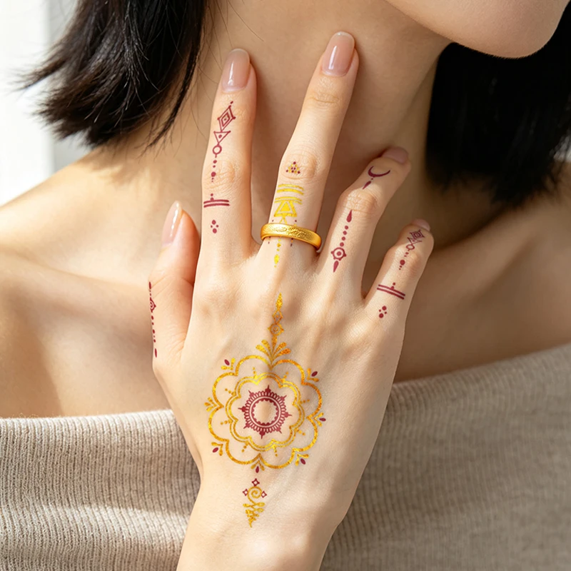 Henna Gold Foil Temporary Tattoos, Long-Lasting Waterproof & Skin-Friendly New Technology, Weddings, For Women, Arm, Leg.