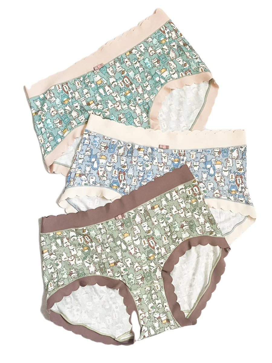 3PCS/Set Women Panties Mid Waist Traceless Soft Thin Lingeries Breathable Puss Print Underwears Plus Size 6XL Briefs