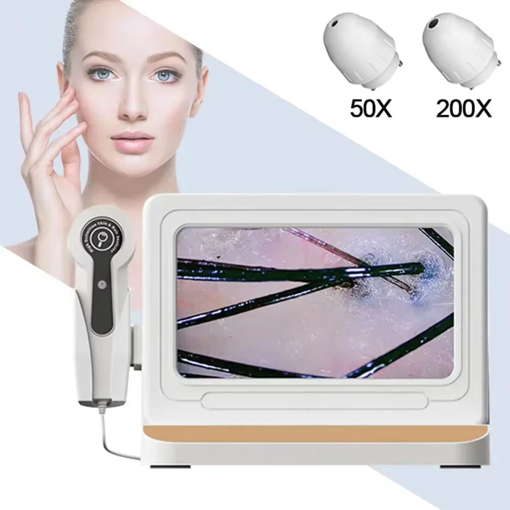10 Inch LCD HD Skin Scalp Analyzer Machine 50X Trispectral 200X HD Lens Hair Follicle Detector Digital Skin Magnifier Tester Check Acne Pore Inflammation Scalp Health for Beauty Salon Home Personal Care