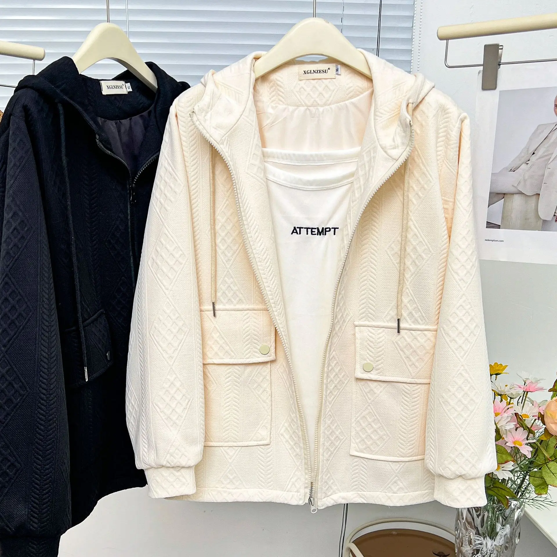 

Womens Plus Size Zipper Jacket Autumn Casual Clothing Fashion Hooded Knitted Jacquard Outwear Double Pocket Coats F71 5093