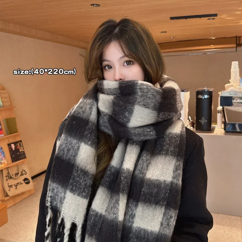 Reversible Plaid Scarf with Knitted Texture and Mohair Blend Material 200 cm Long for Men and Women Winter Use