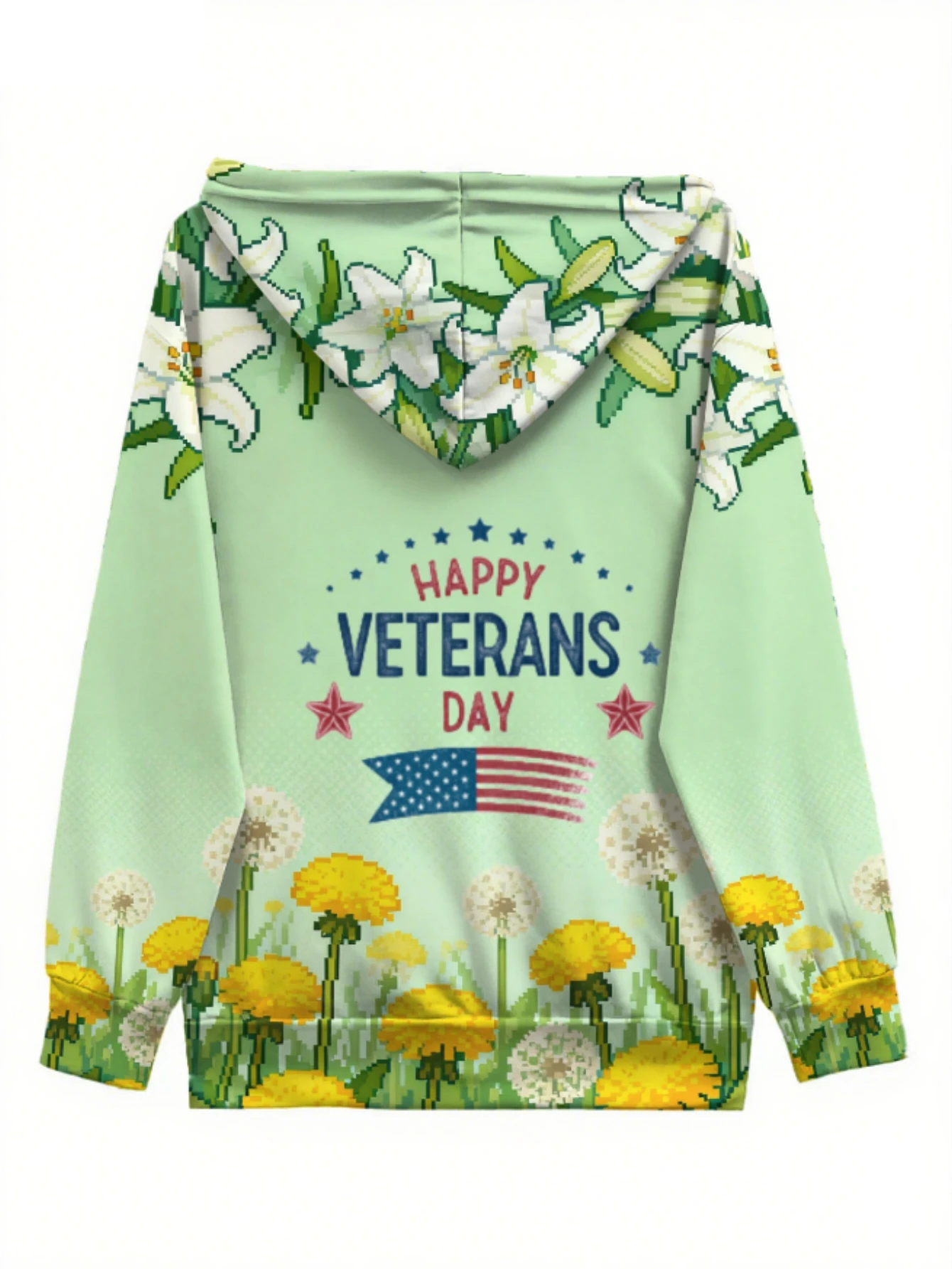 Moletom feminino com estampa completa em 3D, feliz dia dos veteranos Lily & Dandelion padrão floral, moletom elegante com zíper com América