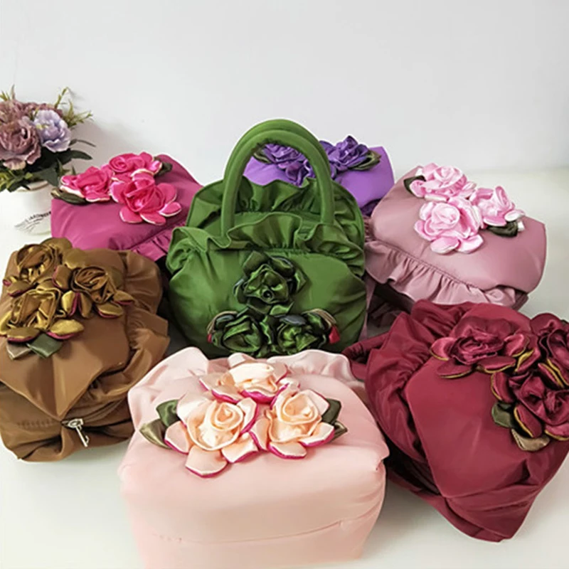 

Satin Silk Hanfu Flower Zipper Bag Ruffle Leaf Rose Flower Handbag Ethnic Style Small Purse Wallet
