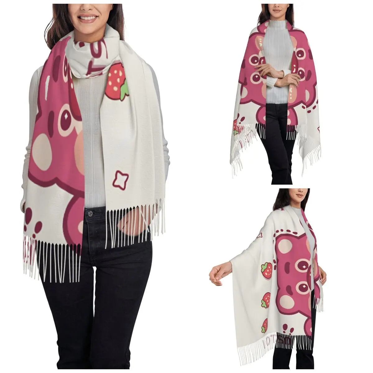 Women's Scarf with Tassel Lotso Strawberry Bear Toy Story Long Winter Warm Shawl Wrap Lots-o'-Huggin' Bear Gifts Pashmina Scarve