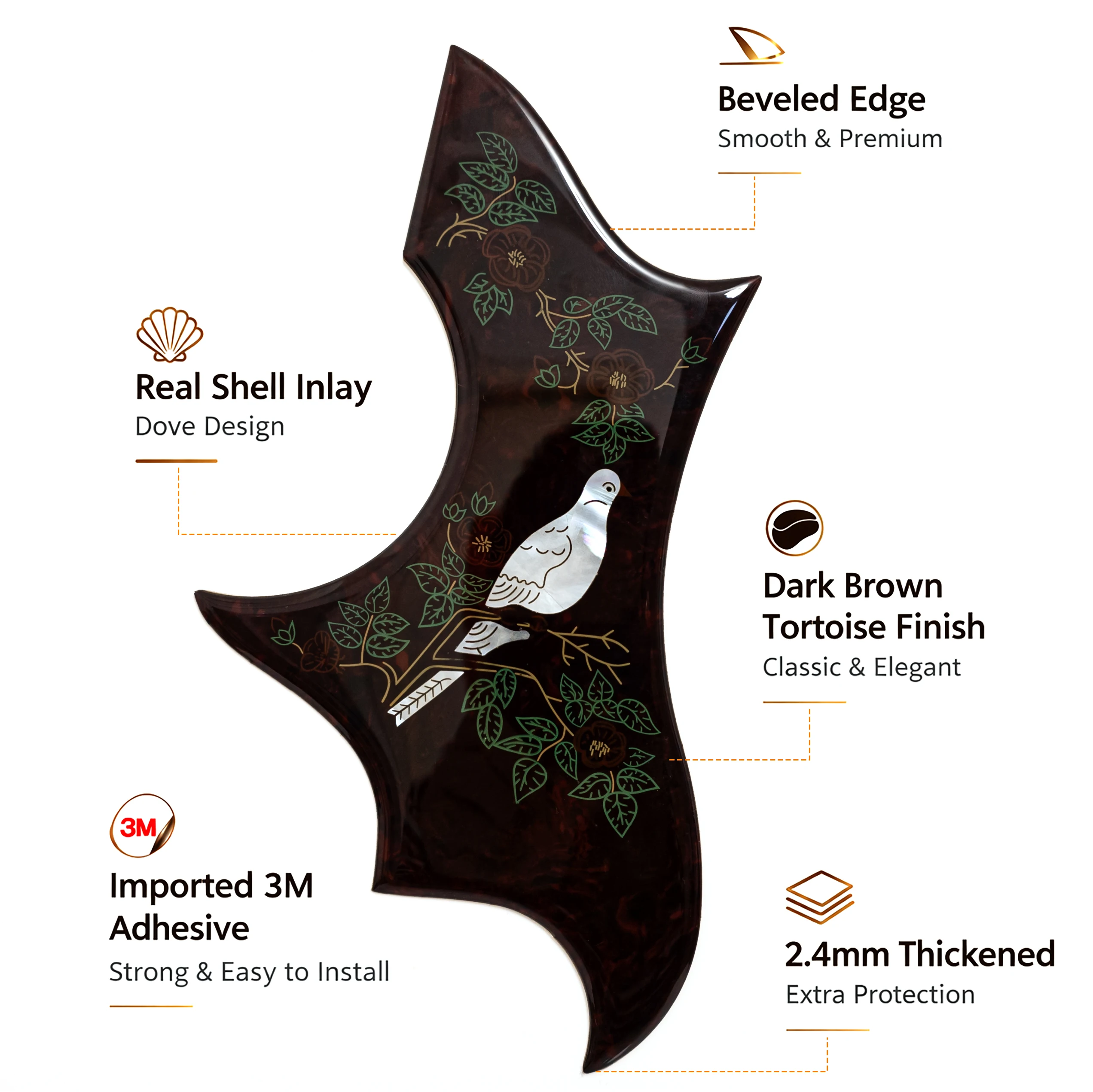 Dove Acoustic Guitar Pickguard 40-41 Inch Real Abalone Shell Inlay Self-Adhesive Scratch Plate 3M Backing for 40-41in Guitar