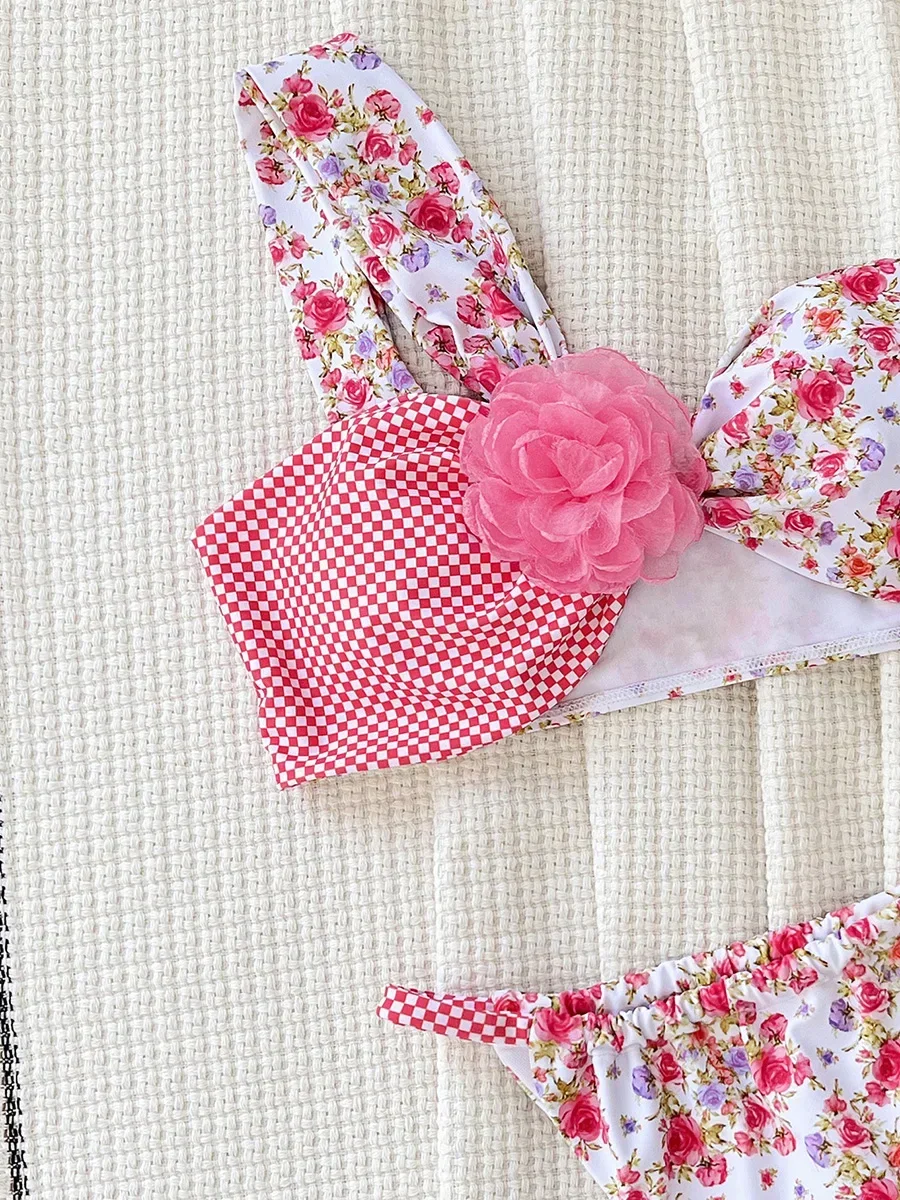 Bikini de corte alto con un hombro y flores en 3D para mujer, traje de baño femenino, conjunto de Bikini de dos piezas, traje de baño con Tanga