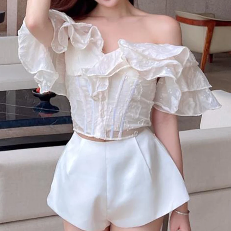 2024 Summer French One Shoulder Lotus Leaf Edge Shirt Slim Short Top Wrapped Hip Skirt for Women  tops