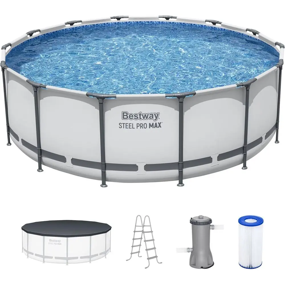 

Круглый металлический наземный бассейн с фильтрующим насосом, лестницей и покрытием, серый, 14' x 48'