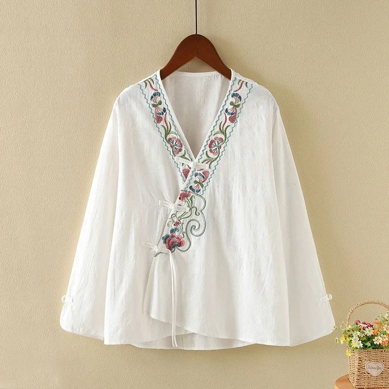 

Женская рубашка на пуговицах в стиле ретро из хлопка и льна с диагональной планкой, свободный топ с длинными рукавами, чайная одежда