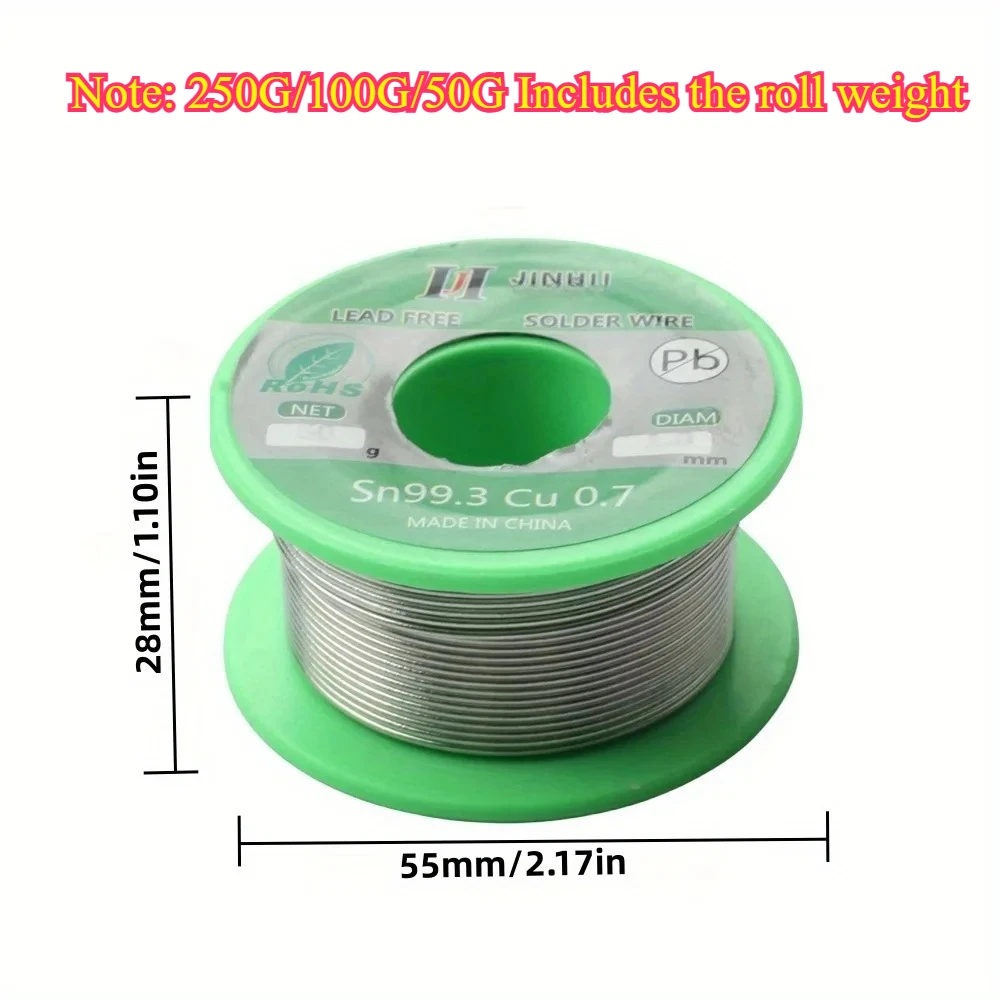 250g/100g/50g Kawat Solder Bebas Timbal Sn99.3/Cu0.7 0.5-2.0mm Inti Rosin Bebas Timbal untuk Solder Listrik RoHs