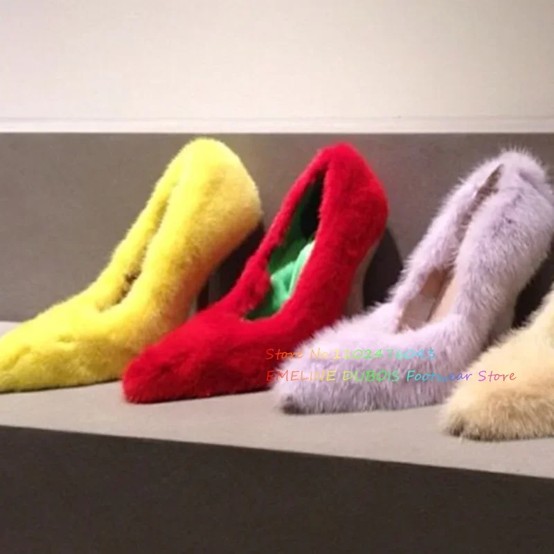 Yellow Fluff High Heel Pumps Pointy Toe Luxury Stiletto Heel Solid Color Slip On Elegant Catwalk Party Dress Shoes Foe Ladies