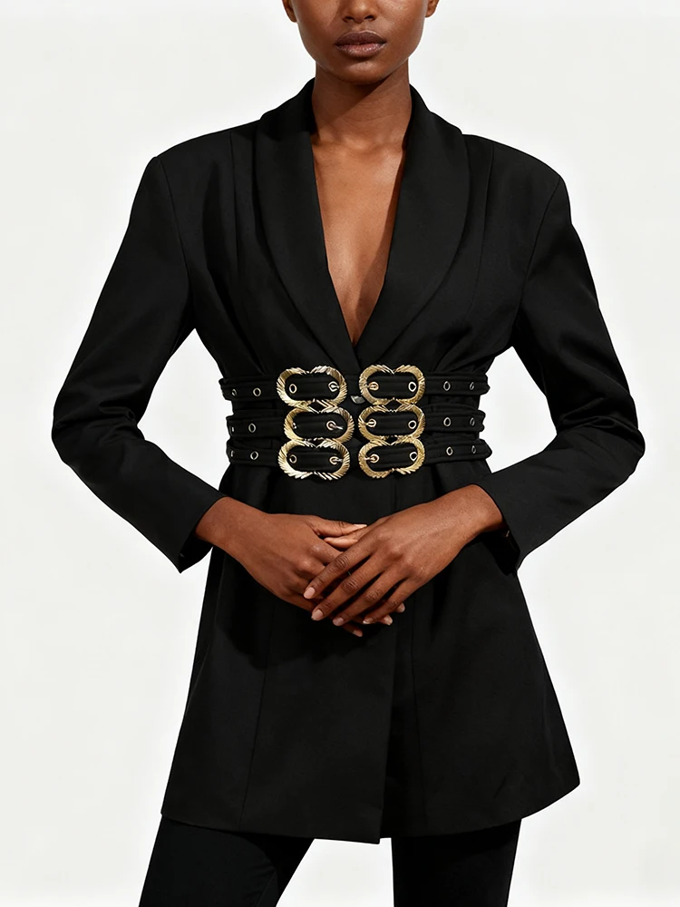 ROMISS الصلبة تقسم الزنانير شيك سترة الإناث التلبيب كم طويل التخسيس ضوء ناضجة المرأة السترات الخريف موضة جديدة