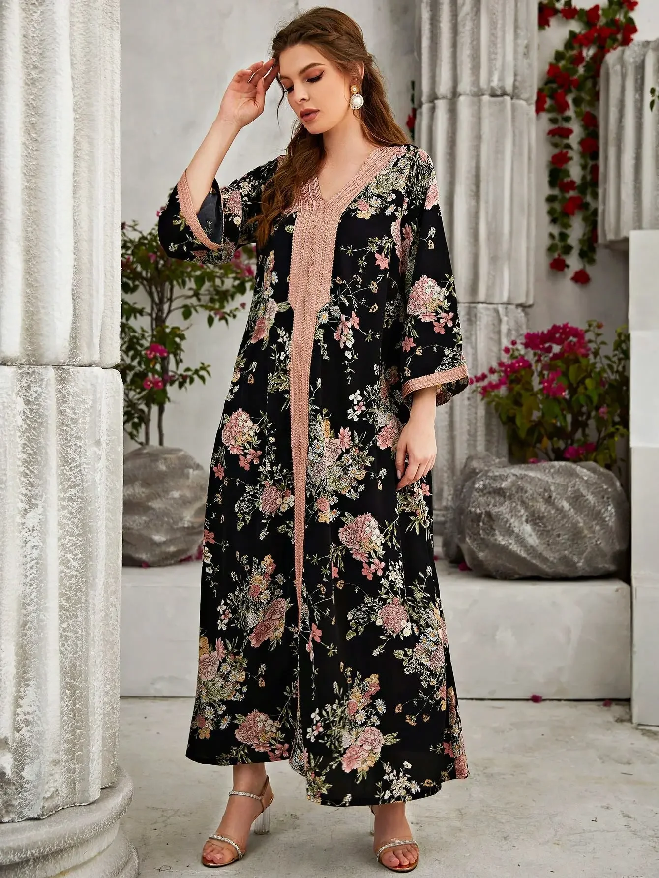 Abaya Blumendruck Muslimische Kleider Eid Frauen 2025, Dubai, Arabisch, lange Robe, Ramadan, Marokko, Kaftan, Partykleid, Vestidos Largos