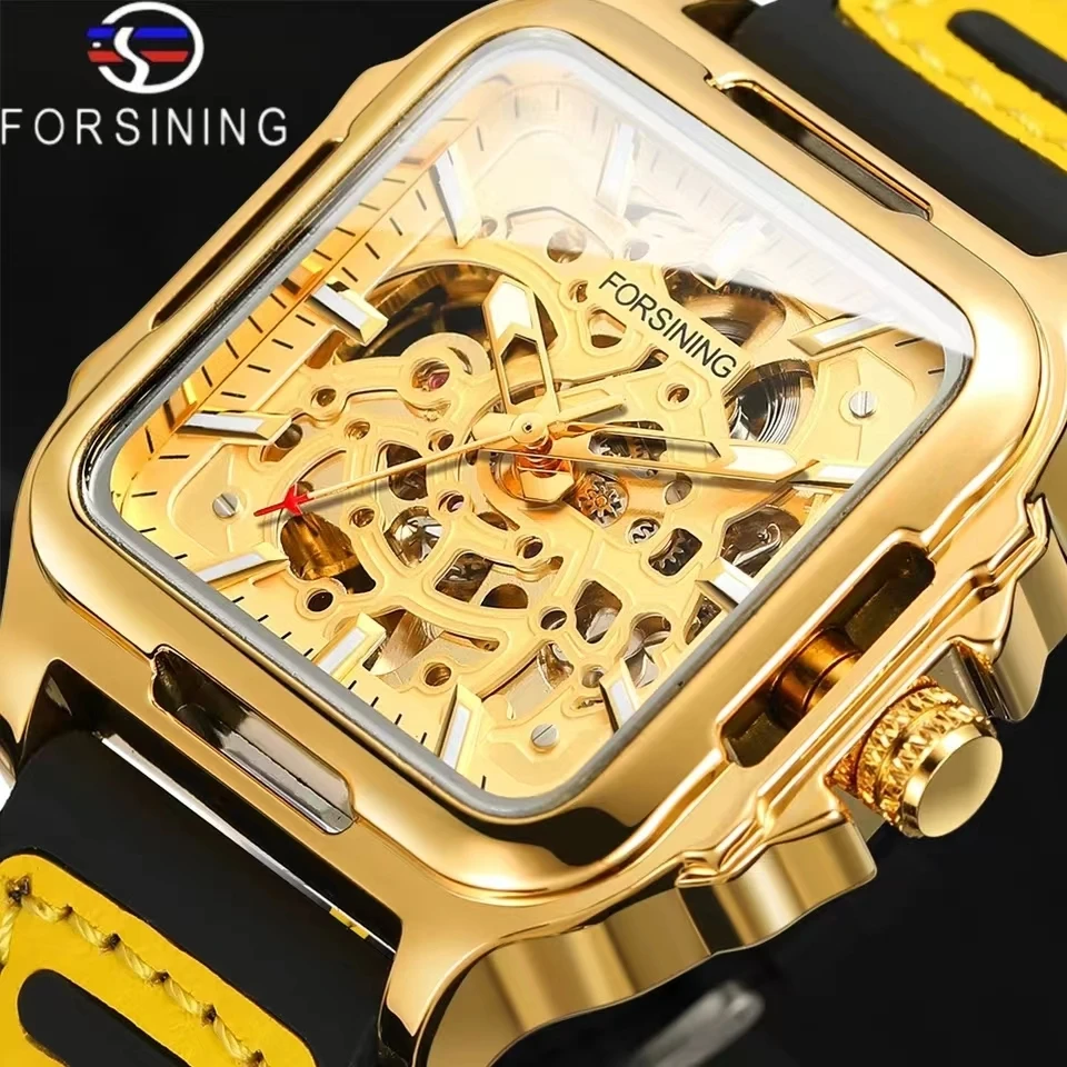 FORSINING Automatic Movement Mechanical Watches for Men Sport Skeleton Watch Hollow Silicone Strap Mens Watch Gifts Reloj Hombre