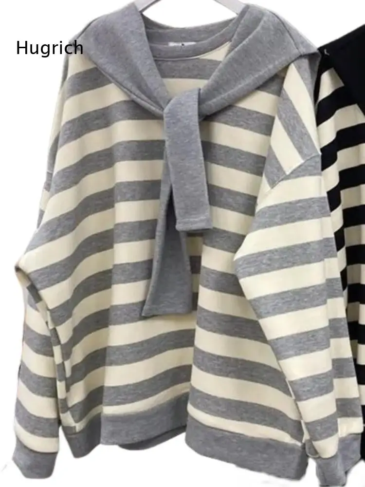 Loose Oversized Pullover Top For Women Black Beige Stripe Pattern Long Sleeve Sweatshirt With Matching Sailor Style Shawl