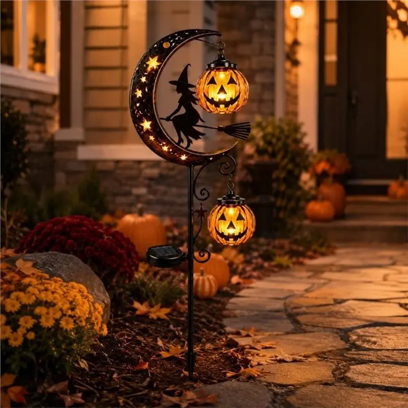 AB42-Solar Halloween Garden Stake Light With Included Pumpkin Lantern& Crescent Moon Decorations For Outdoor For Lawn Patio Walk