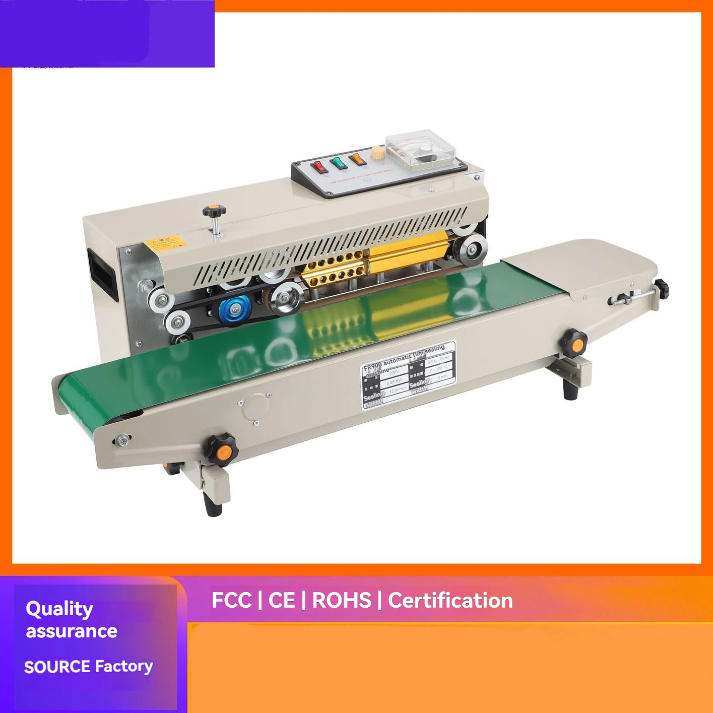 FR-900 Automatic Continuous Film Sealing Machine 220V 500W 50Hz Steel Stamp Printing Sealer