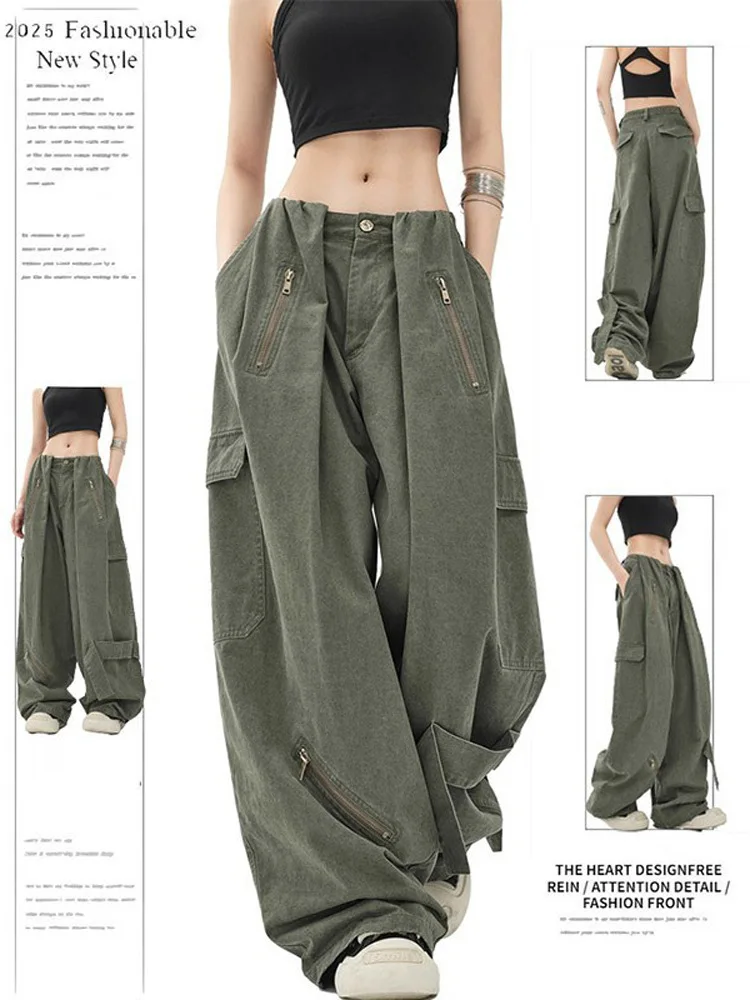 Women Y2K Streetwear American Style Vintage Wide Leg Pants Popular Casual Straight Leg Multi-pocket Overalls Pants