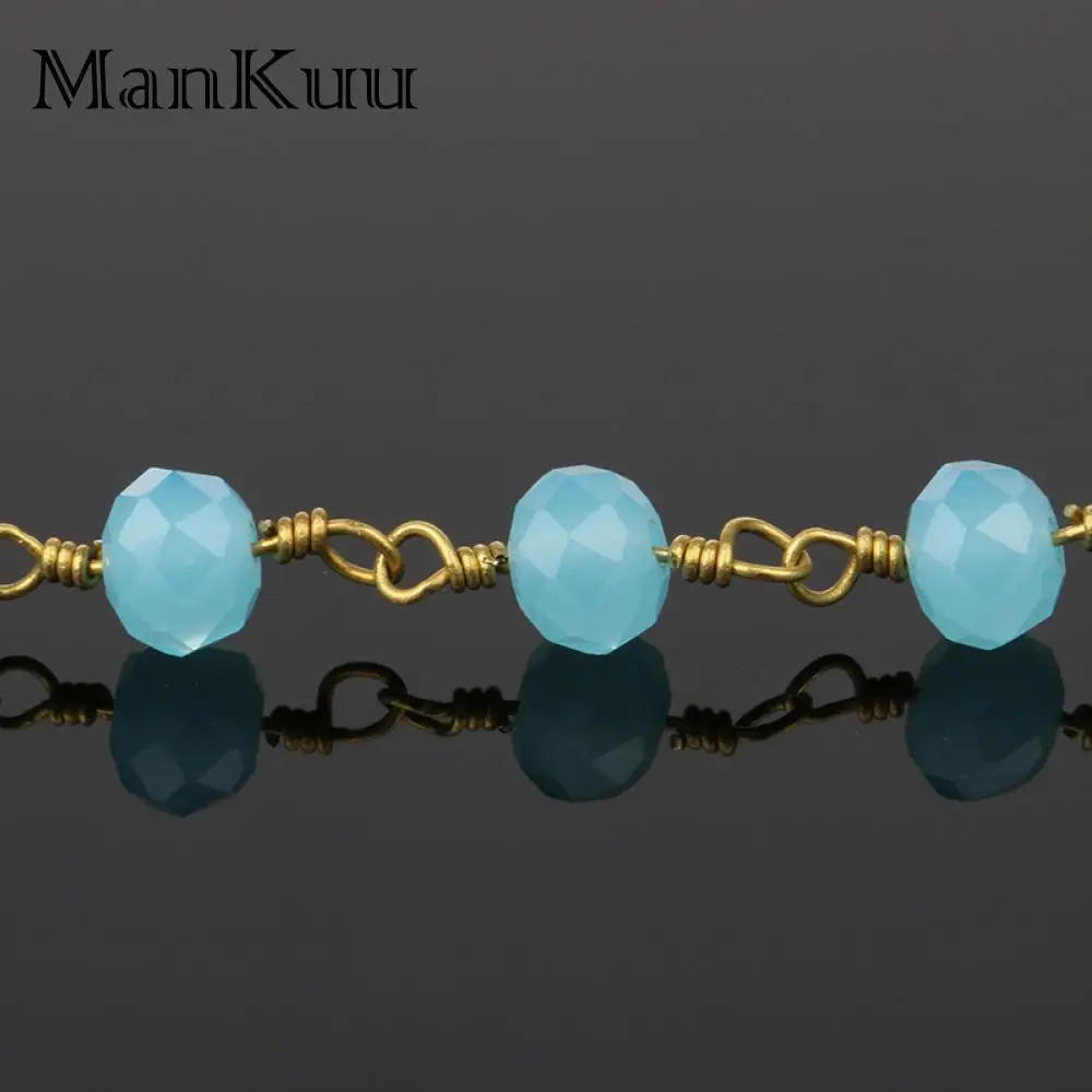 Mankuu 5Meter DIY 4x6mm Wire Wrapped Rosary Chain Faceted Blue Crystal Quartz Beads For Necklace Bracelet Handmake