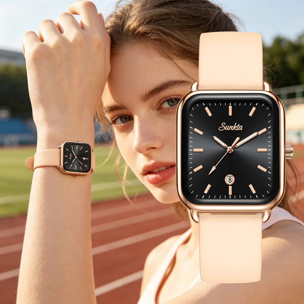 

SUNKTA Women's Watches Original Leather Strap Fashion Square Waterproof Luminous Women's Quartz Wristwatches With Gift Box