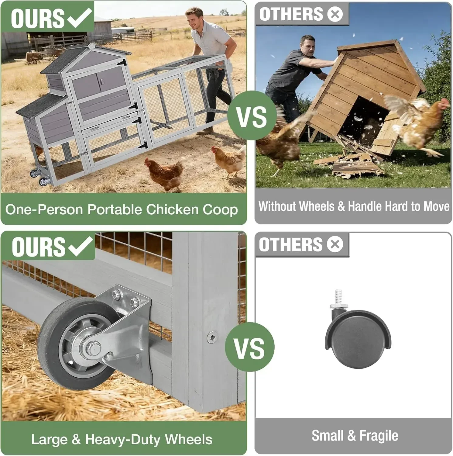 Mobile Chicken Coop with Wheels for 4-6 Chickens, Large Outdoor Hen House with Run, Weatherproof Asphalt Roof, Sectionable Nesti