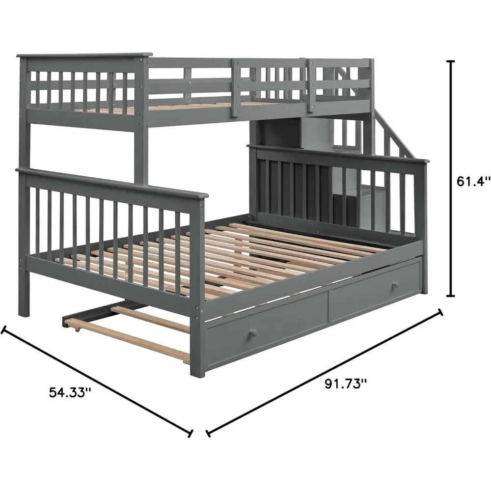 Bunk Bed with Trundle, Wood Bedroom Furniture Twin Over Full Bunk Bed Frame with Stairway, Storage and Safety Guard Rail