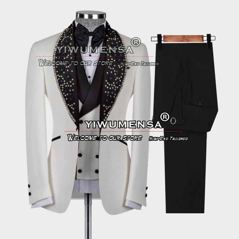 Handmade Groom Wear Wedding Suits Slim Fit Gemstones Lapel Ivory Blazer Vest Pants 3 Pieces Prom Party Tuxedo Plus Size Male Set