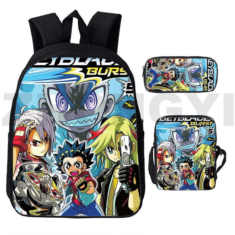 Baru 3D Beyblade Burst Anime ransel sekolah untuk anak laki-laki 3 In 1 tas tangan kanvas trendi tas buku kartun anak-anak tas Makeup perjalanan sehari-hari