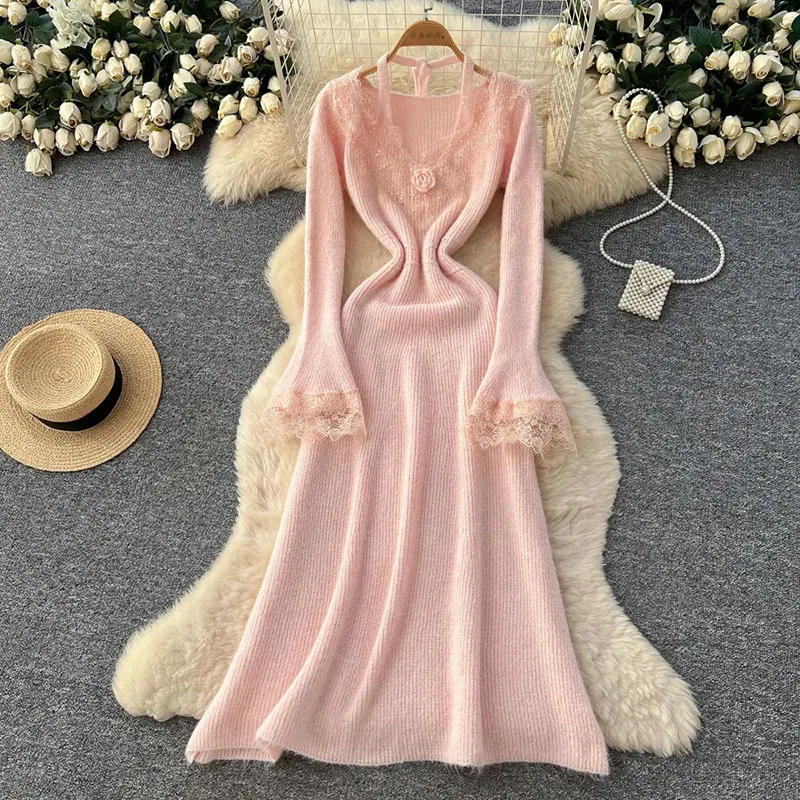 

Gentle Sequins Lace Dress Female Spring V Neck Flared Sleeves Solid Slim Autumn 3D Floral Halter Knitting Long Dresses