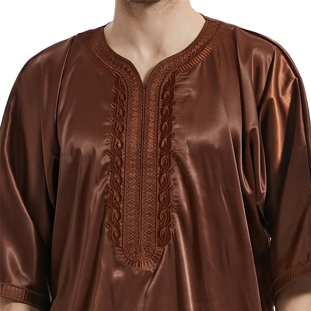 Robe en Satin pour Homme Musulman, Broderie, Jubba, Thobe, Chemise, Islamique, Arabe, Kaftan, Dubaï, Abaya, Vêtements, Eid, Ramadan