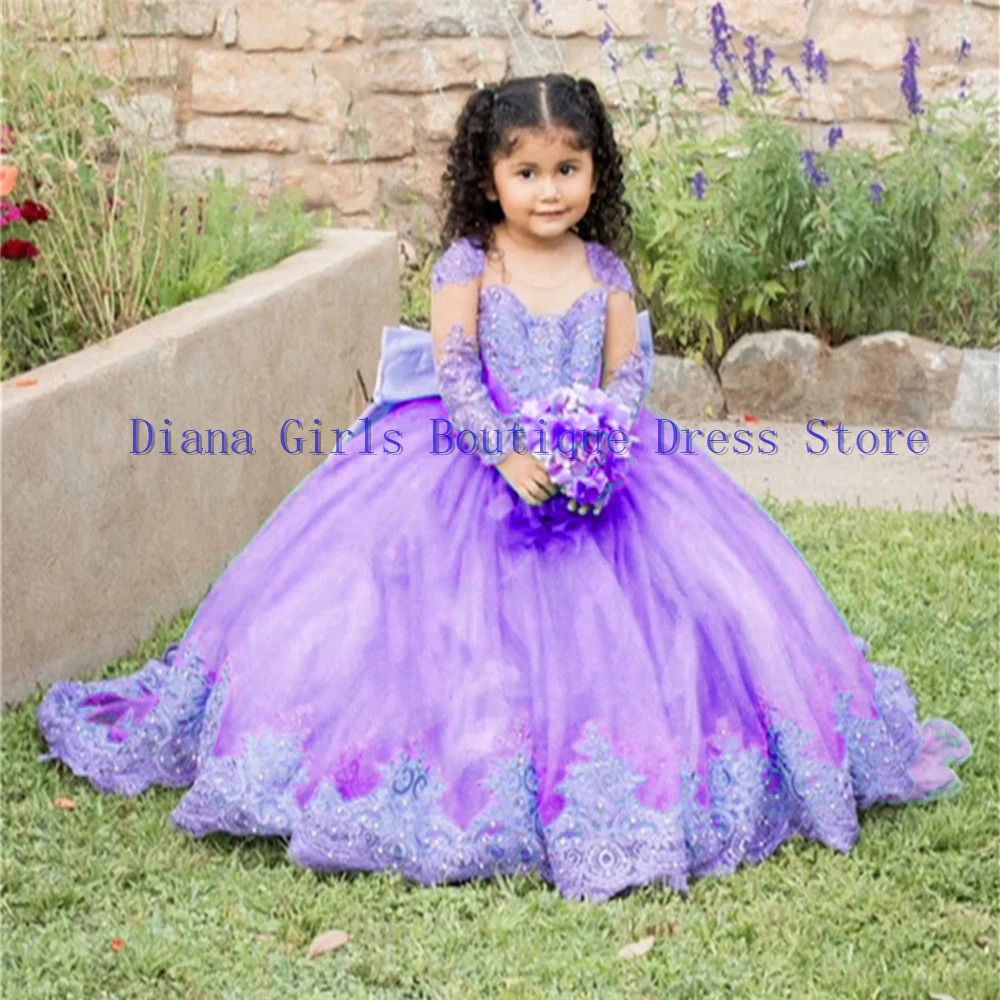 Luxuriöses Blumenmädchenkleid für Brautkleider für Babys, Prinzessin, Ballkleider, Spitzenapplikationen, schulterfrei, Erstkommunionkleid