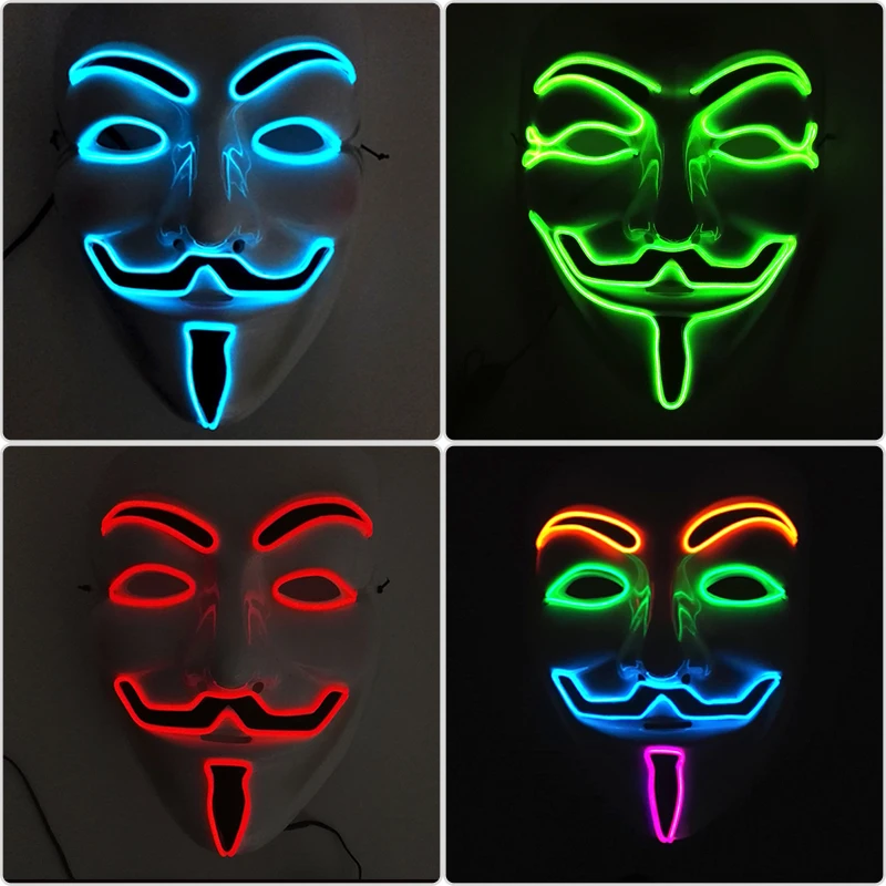 Masque anonyme lumineux classique LED, masque V lumineux, masque facial Vendetta qui brille dans l'obscurité pour adultes et enfants, fournitures de costumes