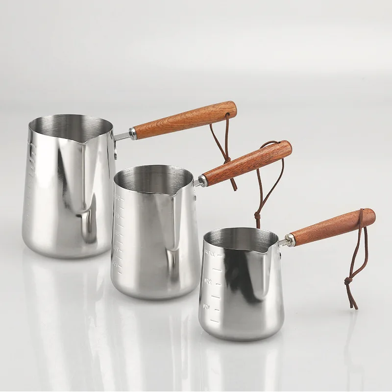 

Stainless Steel Coffee Frothing Pitcher Pot with Scale and Wooden Handle Portable Camping Milk Warmer Jug Chocolate Melting Cup